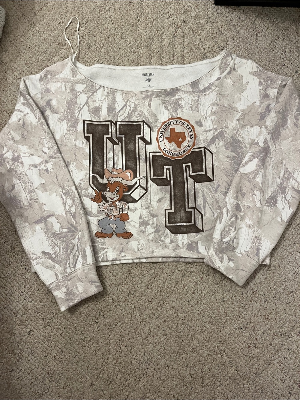 Hollister White & Gray Camo Kids Cropped Longhorns Sweatshirt